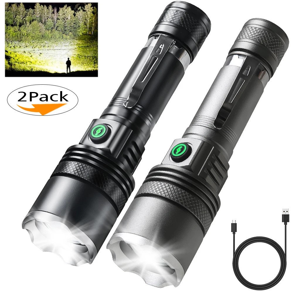 2Pack Super Bright LED Flashlight Telescopic Zoom 3000LM Flashlight Waterproof Handheld Flash Working Emergency Camping Lantern