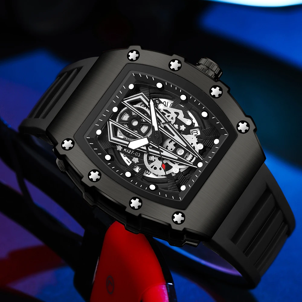 2024 Luxury Brand Watch for Men Automatic Mechanical Silicone Band Tonneau Skeleton Watches Waterproof Sport Wristwatches Reloj