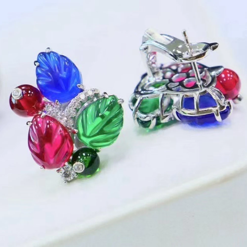 KQDANCE Solid 925 Silver With Red Green Blue Engraved Gemstone Colorful Leaf Fruit Style Earrings Clips For Women Fine Jewelry