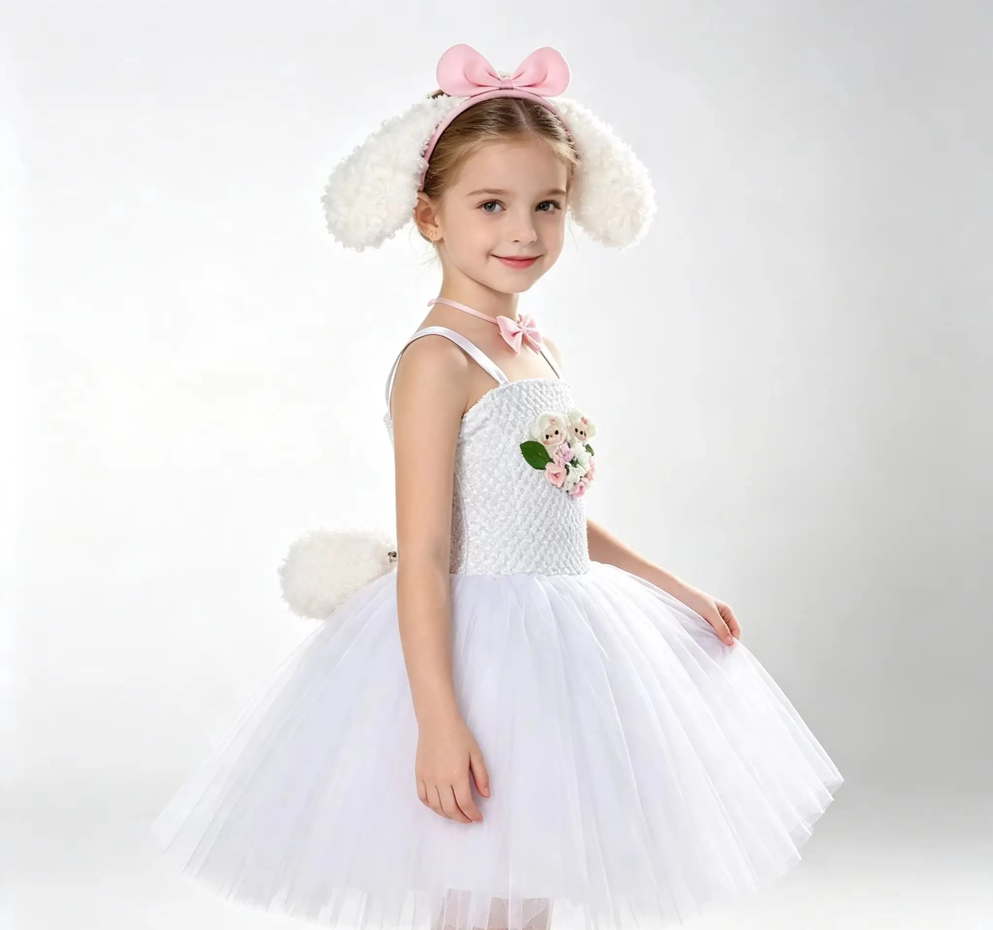 Halloween Girls Little Sheep Lined Tulle Tutu Dress Set With Ear Headband Kids Fluffy Mesh Dress Stage Performance Party Attire