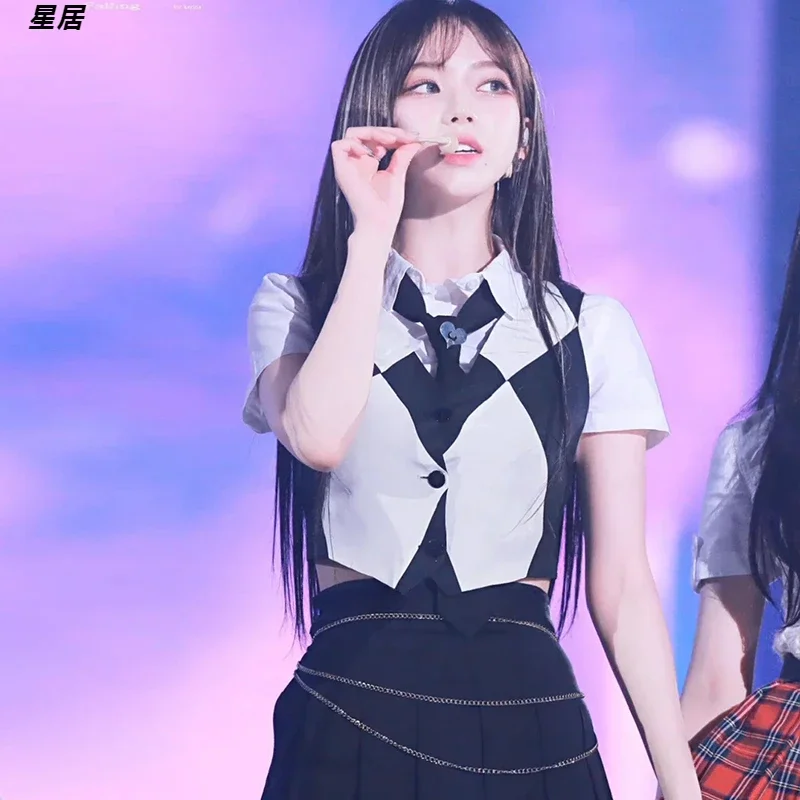 Kpop Concerto di gruppo per donne Costume da ballo jazz sexy Gonna nera Camicie bianche Gilet scozzese Abiti Abbigliamento da prestazione Costume di scena