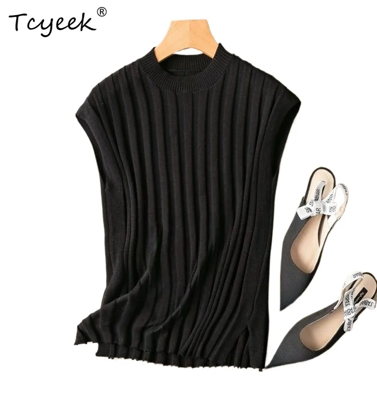 

Tcyeek 70% Real Silk 30% Cotton Vest for Women 2026 Summer Clothes Comfortable Ladies Tops Split Knitted Tops De Mujer New Style