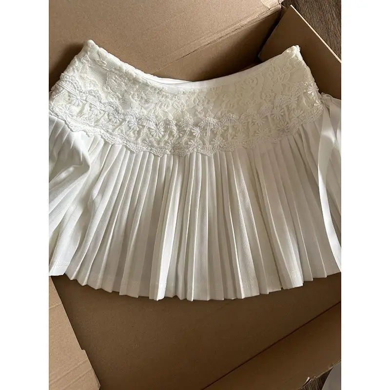 تنورة نسائية قصيرة بيضاء أنيقة عالية الخصر مزخرفة بالدانتيل تنورة صغيرة بطيات وربطة عنق وحزام جانبي ملابس حلوة للمواعدة اليومية #5