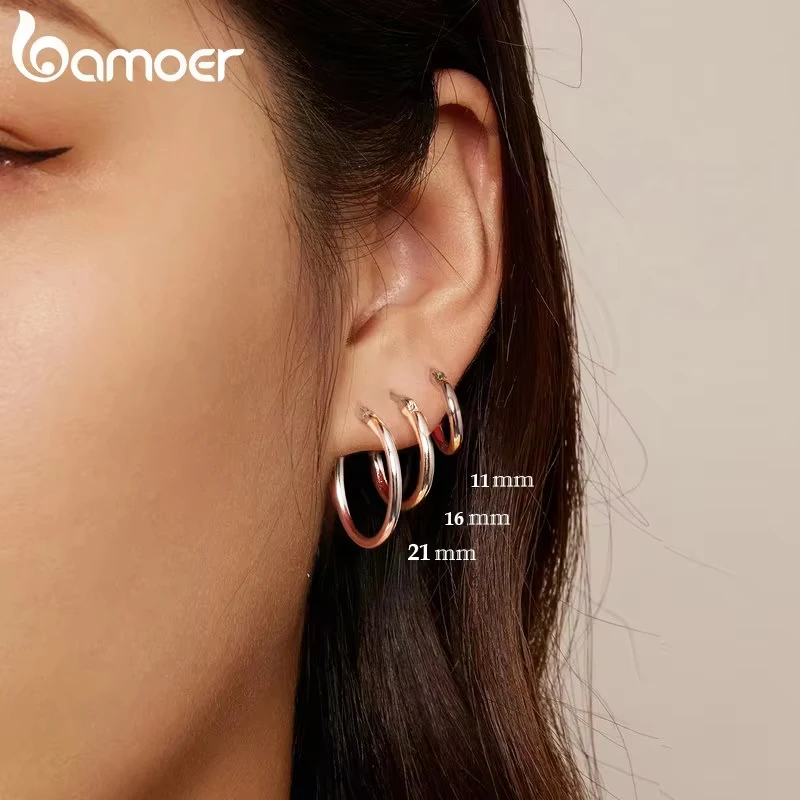 BAMOER 925 Sterling Silver Bold Classic Hypoallergenic Hoop Earrings, 14K White Gold Plated Standard Tube Earrings for Women