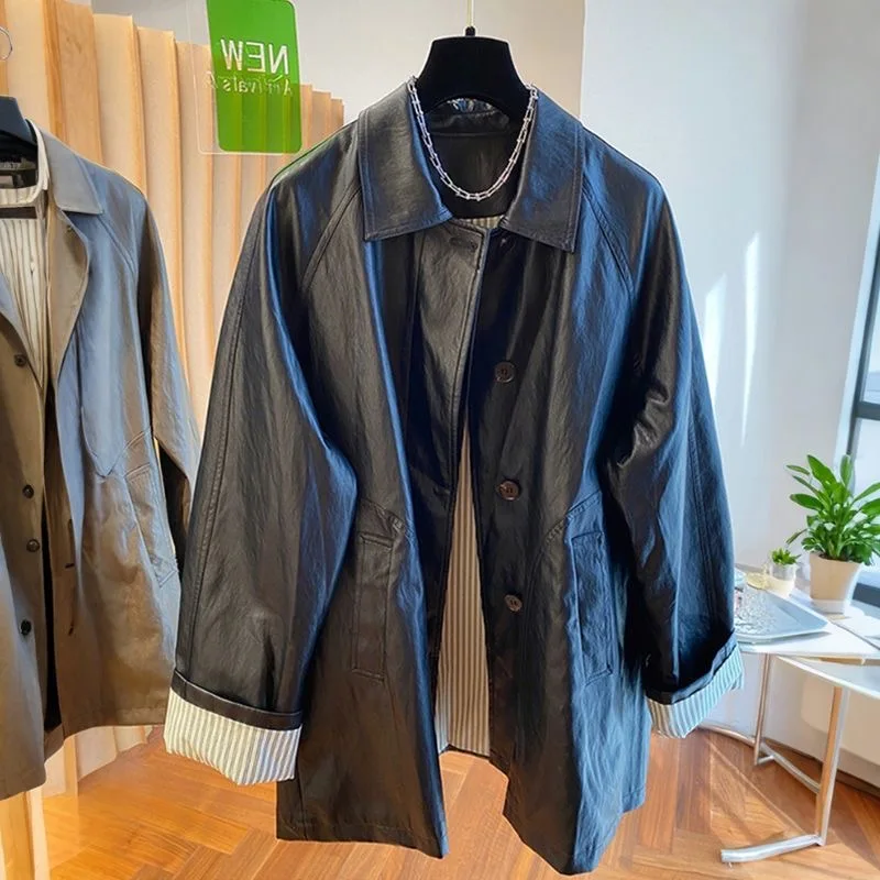 Otoño Invierno abrigo de cuero medio largo mujer 2025 nueva moda chaqueta Casual suelta Color puro prendas de vestir exteriores Mujer