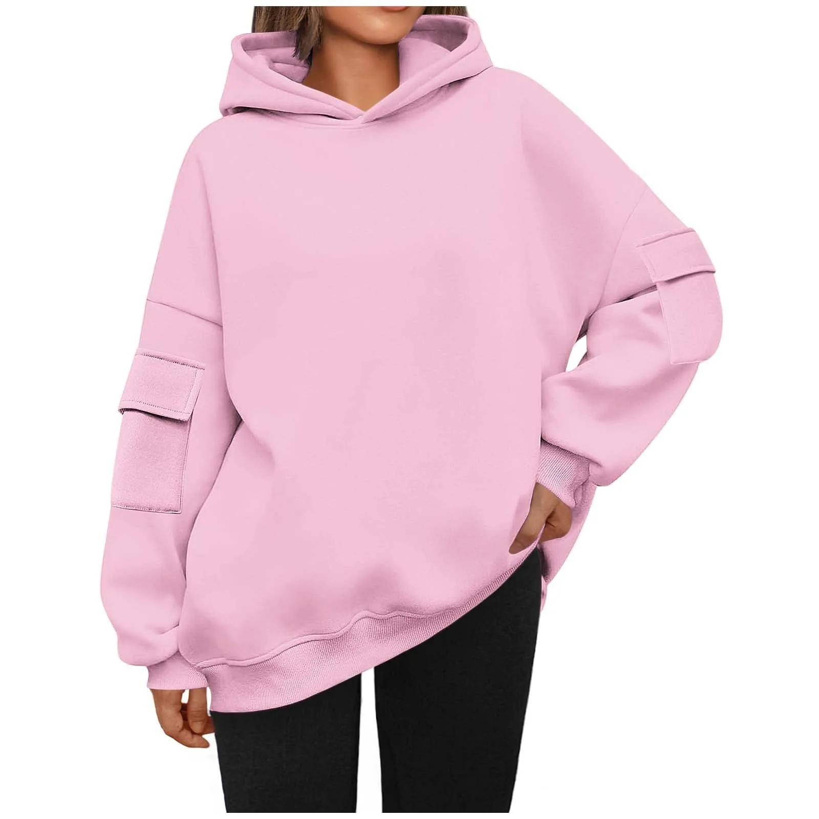 Autumn Winter New Y2k Women\'S Sweatshirts Hooded Long Pocket Sleeve Harajuku Hoodie Soft Normcore Black Plain Blouse Clothes