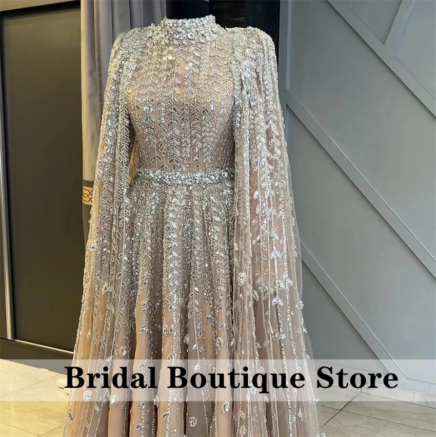 Elegant Beading Saudi Arabia Pink Evening Dresses 2025 With Cape Crystals Party Gown فساتين سهرة Prom Dress Customized