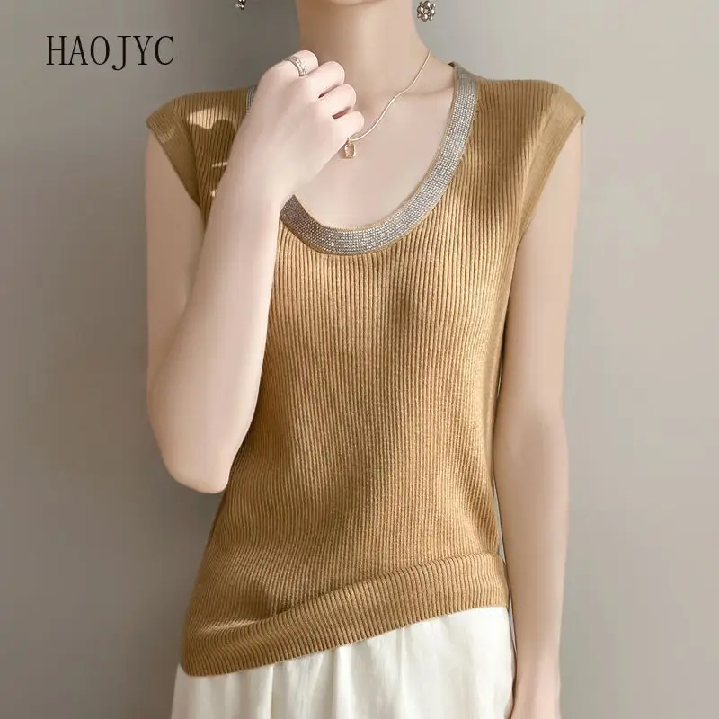 

2025 Spring and Autumn New Light Luxury Hot Diamond Texture Low Crew Neck Sling Vest Skinny Stacked Knitted Inside
