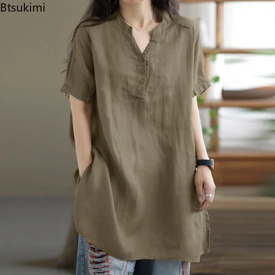 2024 Summer Oversize Blouse Women Casual Short Sleeve Loose Tops Fashion V Neck Solid Tunic Work Shirt Female Blusas Chemise 5XL