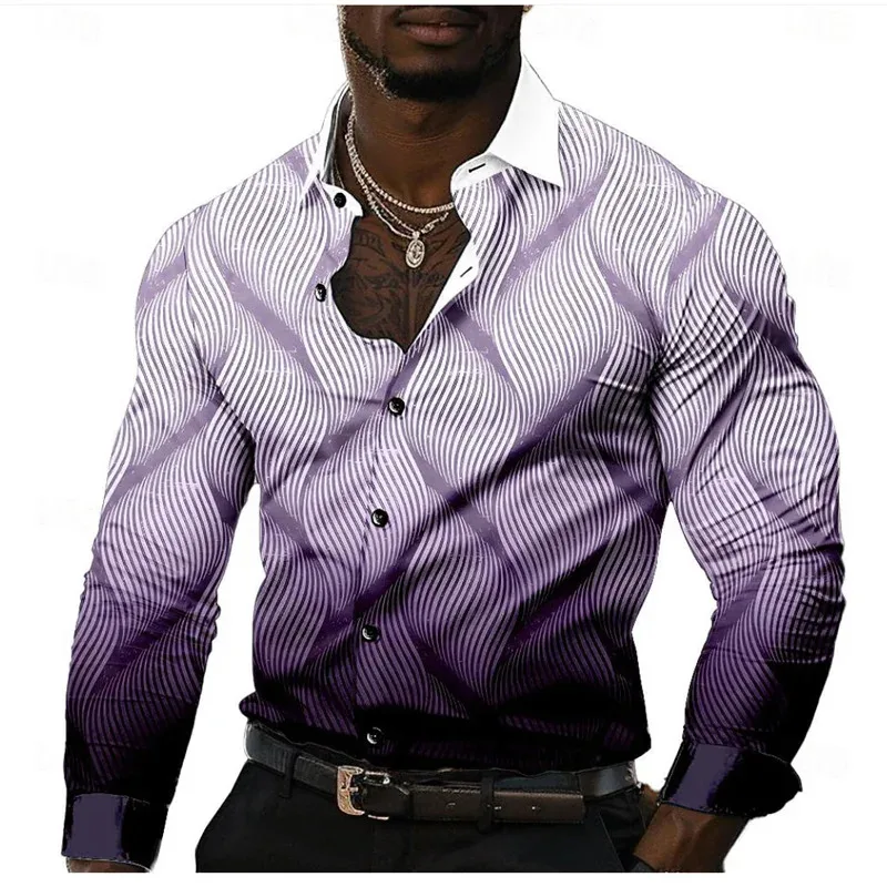 Kemeja Kasual Pria 2026 Motif Garis Formal Musim Panas Semi Gugur Kerah Lipat Lengan Panjang Hitam, Hijau Ukuran S-5XL Besar Pengiriman Cepat