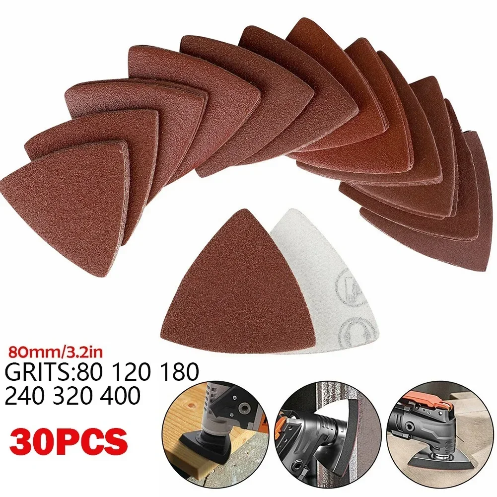 YTOM 30pcs Triangular Sandpaper Hook & Loop Triangle Sanding Sheets Fit 3-1/8 Inch Oscillating Multi Tool Sanding Pad 80-400 Gri