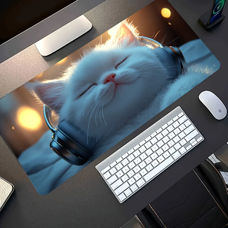 VIKAMA Adorable White Cat Headphones Design Gaming Mouse Pad Plush Desk Mat Gaming Mat Laptop Keyboard Gaming Rooms Gift
