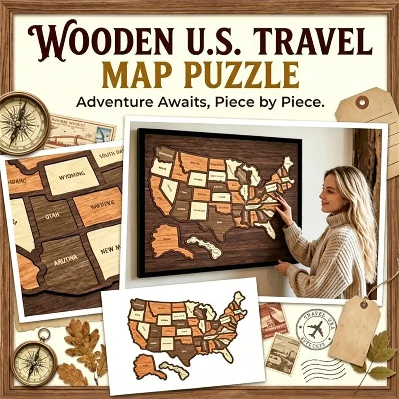 CYGJ-For Journey Memories, Wooden USA Travel Map Puzzle, Interactive State-By-State For Journey Tracker Map Pin Board For Travel