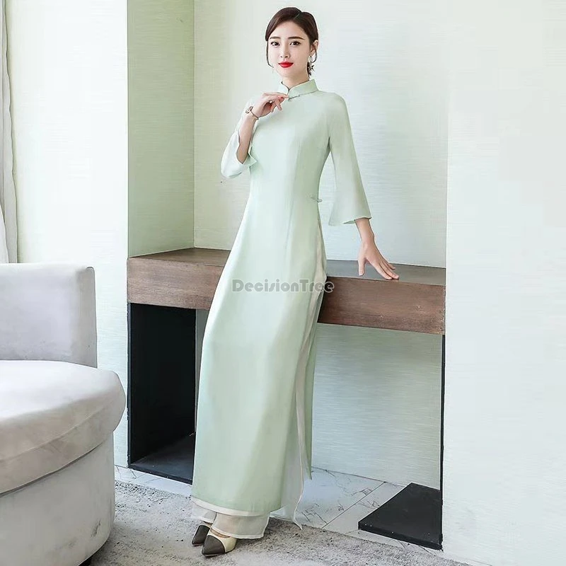 2026 simple gentle temperament vietnam aodai qipao improved chinese style elegant slim cheongsam retro casual daily tea garment