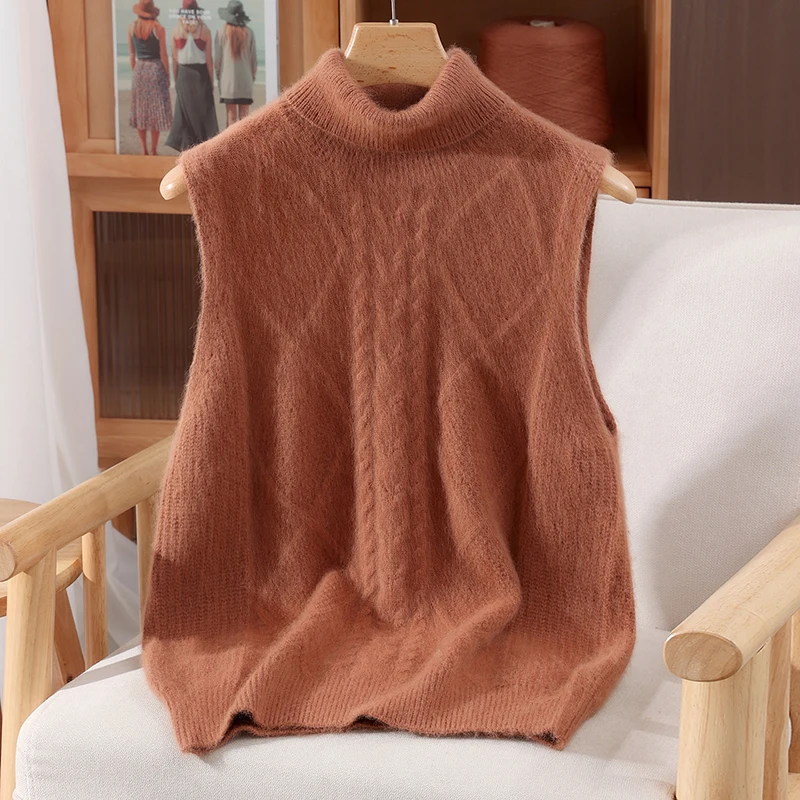 Feminino mock neck quente macio requintado pulôver sem mangas camisola outono inverno 100% vison cashmere cabo ponto roupas topos