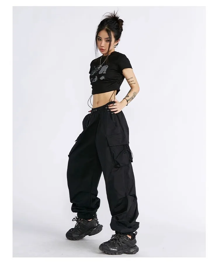 1 Stück Damen-Cargohose | Amerikanischer High-Street-Streetwear-Stil | Kordelzug, hohe Taille, lockere Passform, gerades Bein, weites Bein – Detail 6