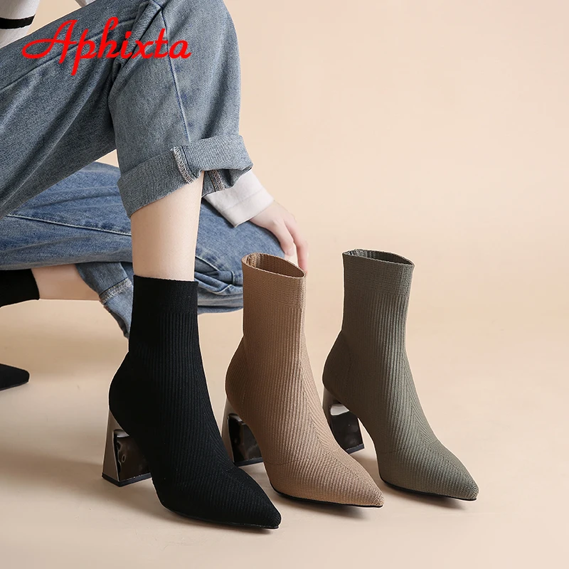 Aphixta 8cm Metal Concave Square Heel Stretch Fabrics Sock Boots Women Shoes Camel Stretch Knit Pointed Toe Boots