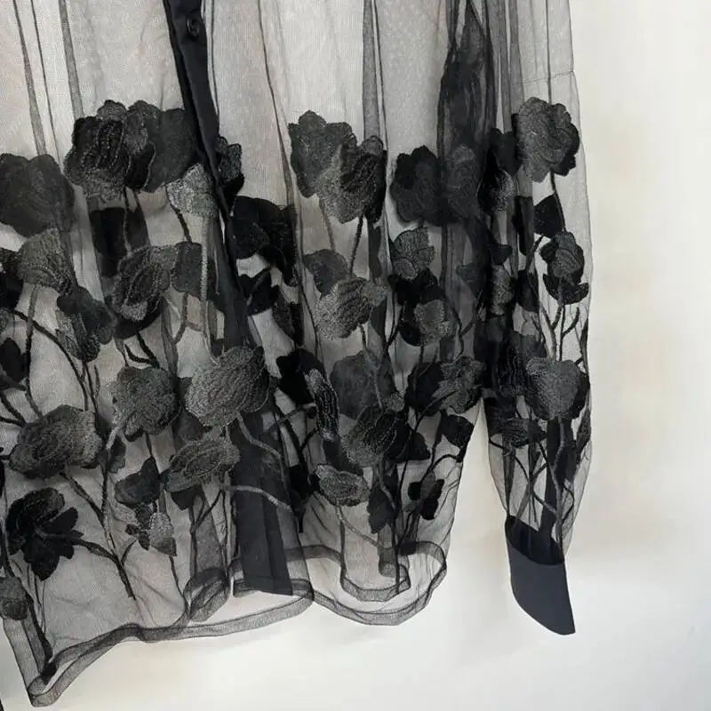 WVGA صيف جديد الرجال المد التطريز بقماش شفاف الطبقات شخصية قمصان طويلة الأكمام المتخصصة تصميم شيك قميص غير رسمي Ins W8066