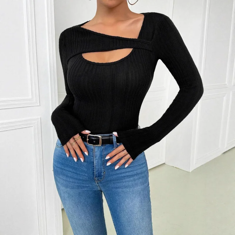 

2025New autumn style women's asymmetrical collar hollow design long sleeveTWomen's T-shirt