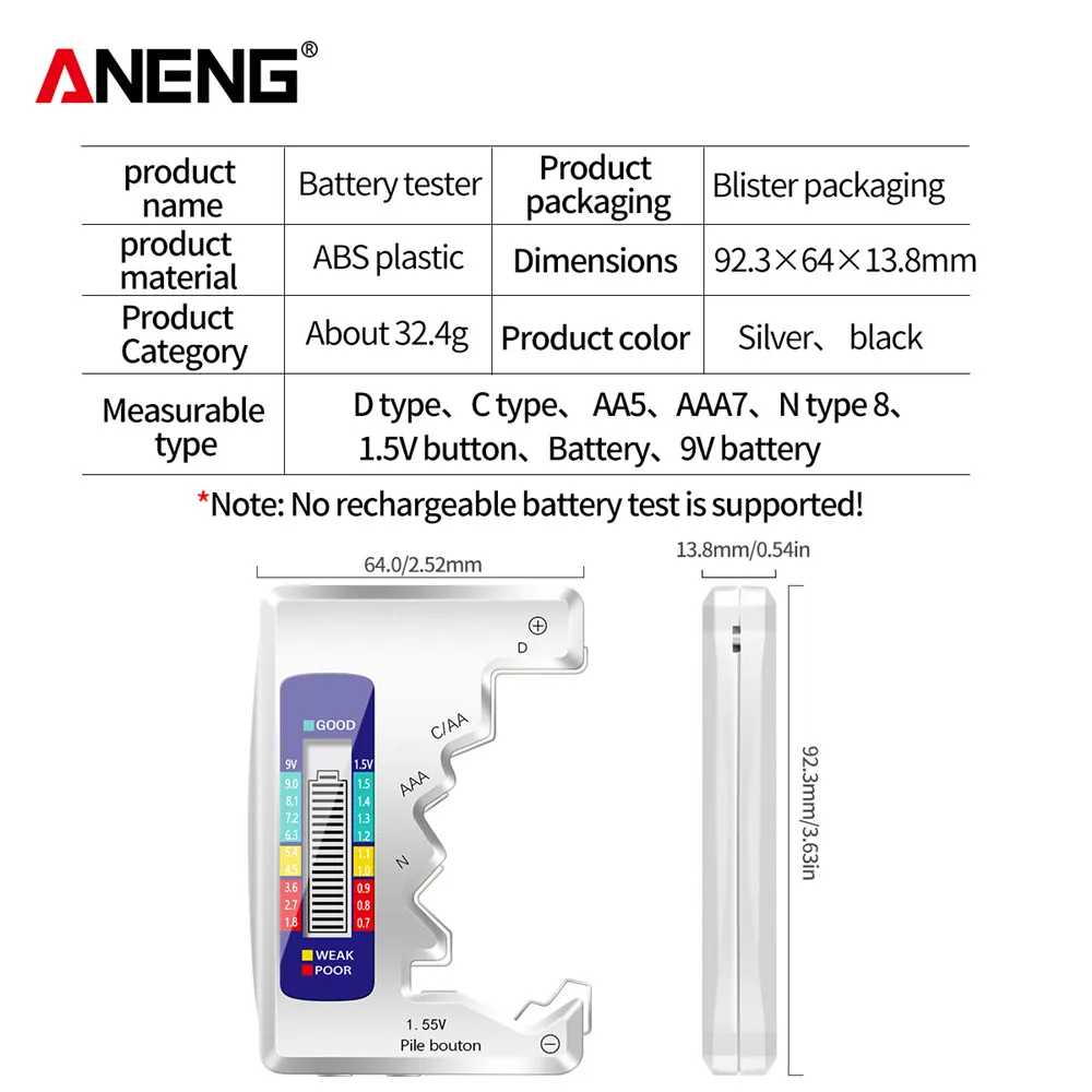 ANENG LCD Display C  AA AAA D N 9V 1.55V Universal Button Cell Battery Tester Volt Capacity Check Detector Capacitance Tool