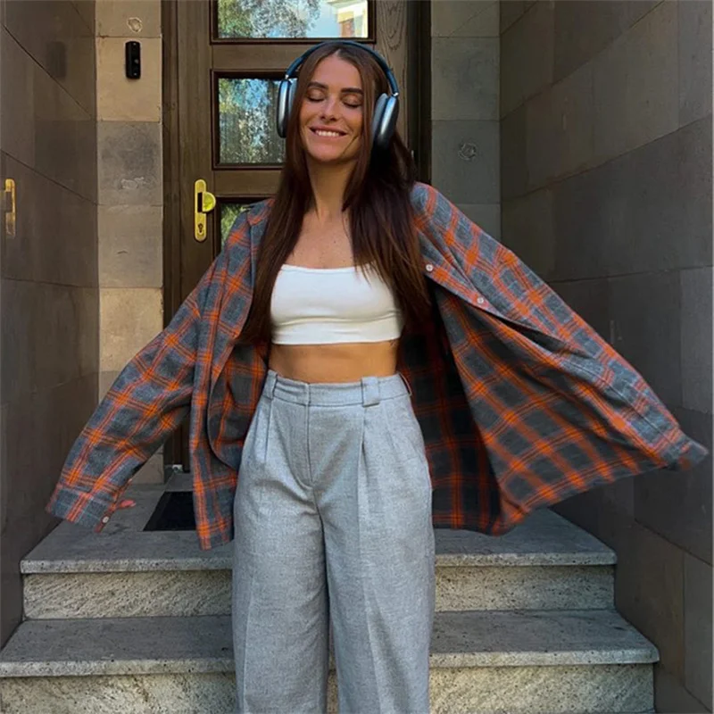 Vintage Karierte Bluse Damen Frühling Sommer Koreanischer Stil mit Taschen Langarm Revers-Hemd Mode Streetwear Y2K Kleidung 2026 Übergroße Oberteile – Detail 5