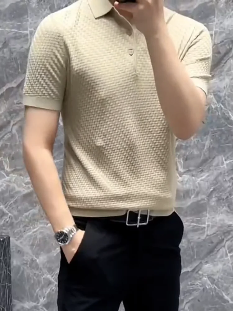 

Летняя модная шелковая рубашка для мужчин: легкая, роскошная, дышащая, с эффектом «партикл-сенсейшн», с отложным воротником, высокое качество