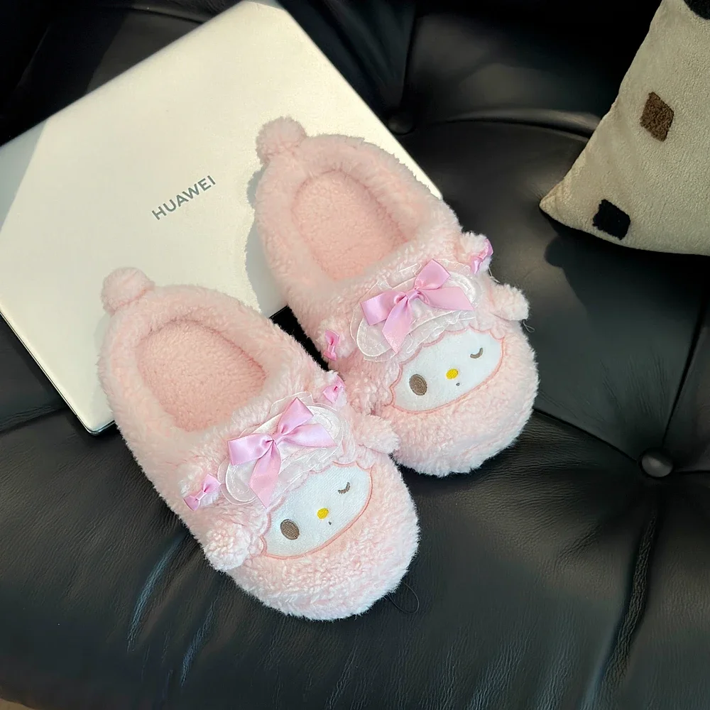 Kawaii My Sweet Piano 플러시 슬리퍼 여성용 부드러운 푹신한 실내 홈 신발 핑크 리본 장식 따뜻한 슬리퍼 미끄럼 방지 슬리퍼