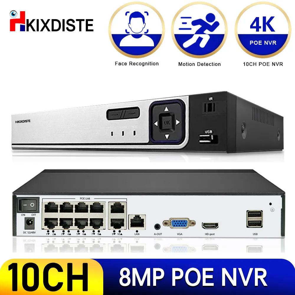 10Ch POE NVR H.265 Xmeye 4K 8Channel Video Recorder With Face Detect Audio Out Onvif P2P For POE 8MP 5MP Surveillance IP Camera