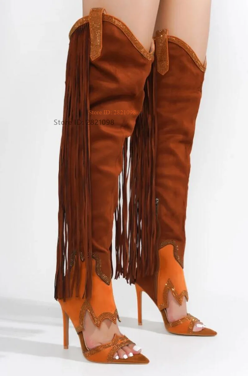 Open Pointy Toe Pull Tabs Open Vamp Brown Fringe Trim Thin Heeled High Heel Over The Knee Long Tassel Boots Women Thigh High