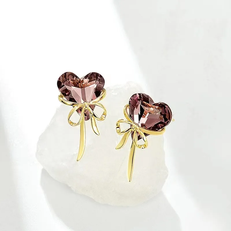 New Fashion Trend Unique Design Elegant Exquisite Purple Crystal Heart Butterfly Stud Earrings Women Jewelry Party Premium Gift