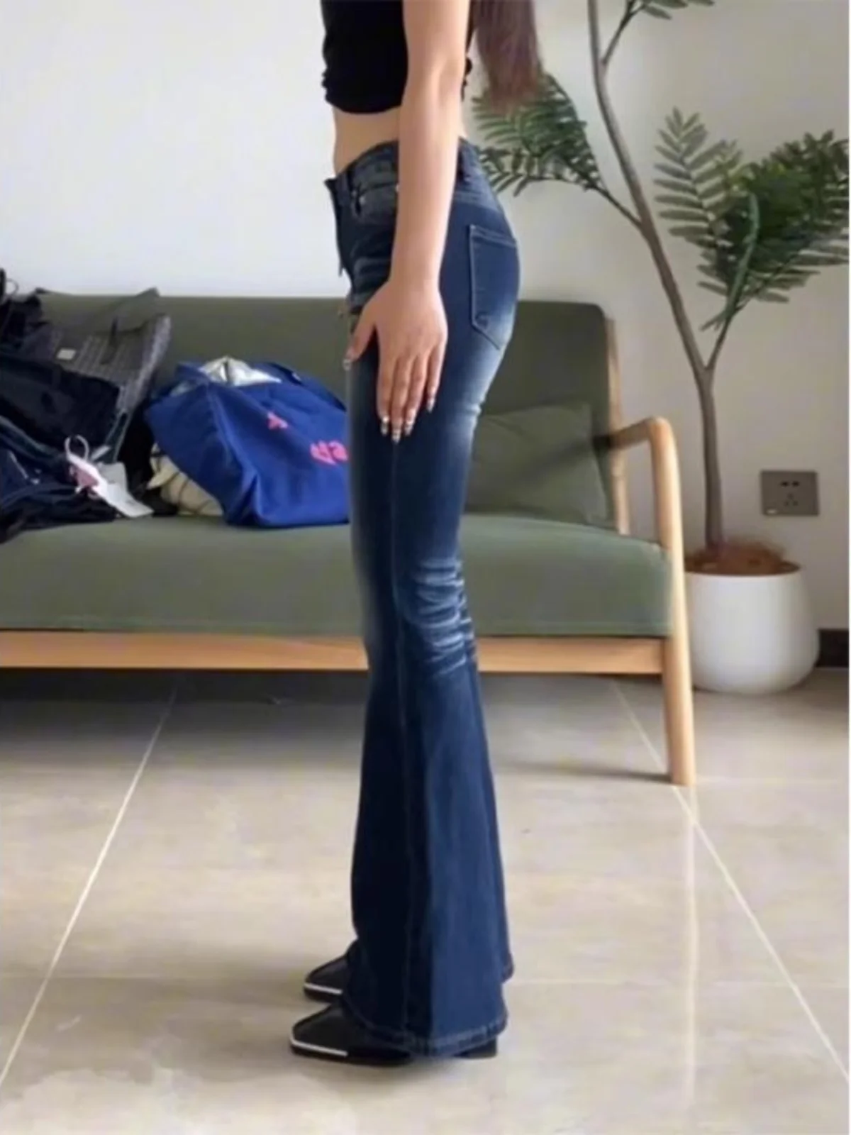 

Retro Faded Waed Bell Bot Jeans Women's Tight Low Waist Slimming Long Pants Cotton Stretch Denim Casual Sle Autumn Wear