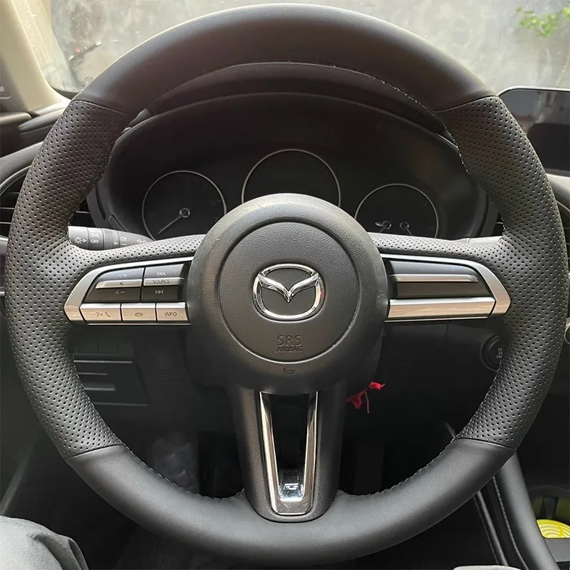 Hand-stitched Black white genuine Leather anti-slip Car Steering Wheel Cover For Mazda CX-30 CX30 Mazda 3 Axela 2020-2023