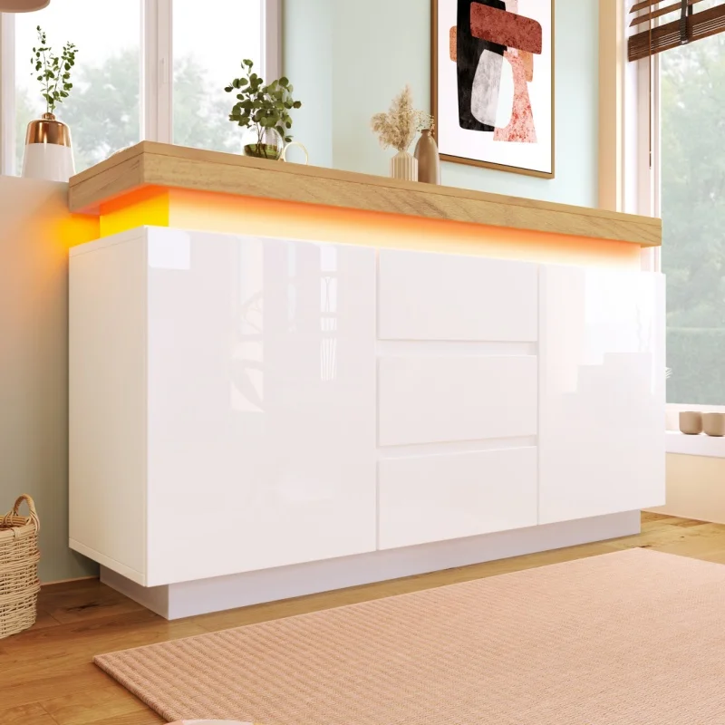 Cassettiera a 5 cassetti per camera da letto, mobiletto da soggiorno da 140 cm con cassetti lucidi, grande cassettiera in legno bianca