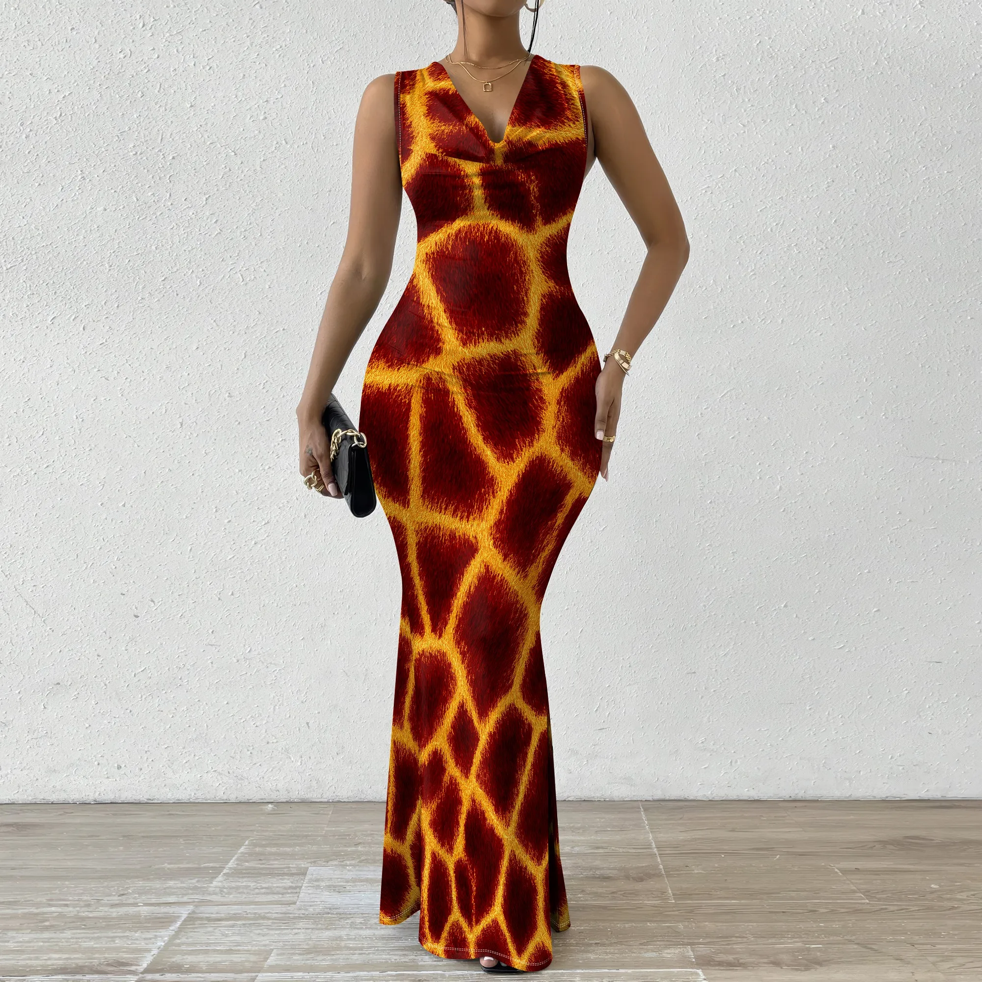 

Giraffe Print Bodycon Maxi Dress XS-2XL Sleeveless V-Neck Mermaid Style for Afro Fest, Cocktail Party or Bold Fashion Look