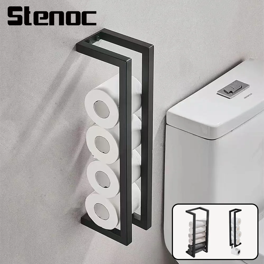 Toallero negro para el hogar, estante de almacenamiento montado en la pared de acero inoxidable, estante de papel para rollo de toalla de baño, organizador de doble uso