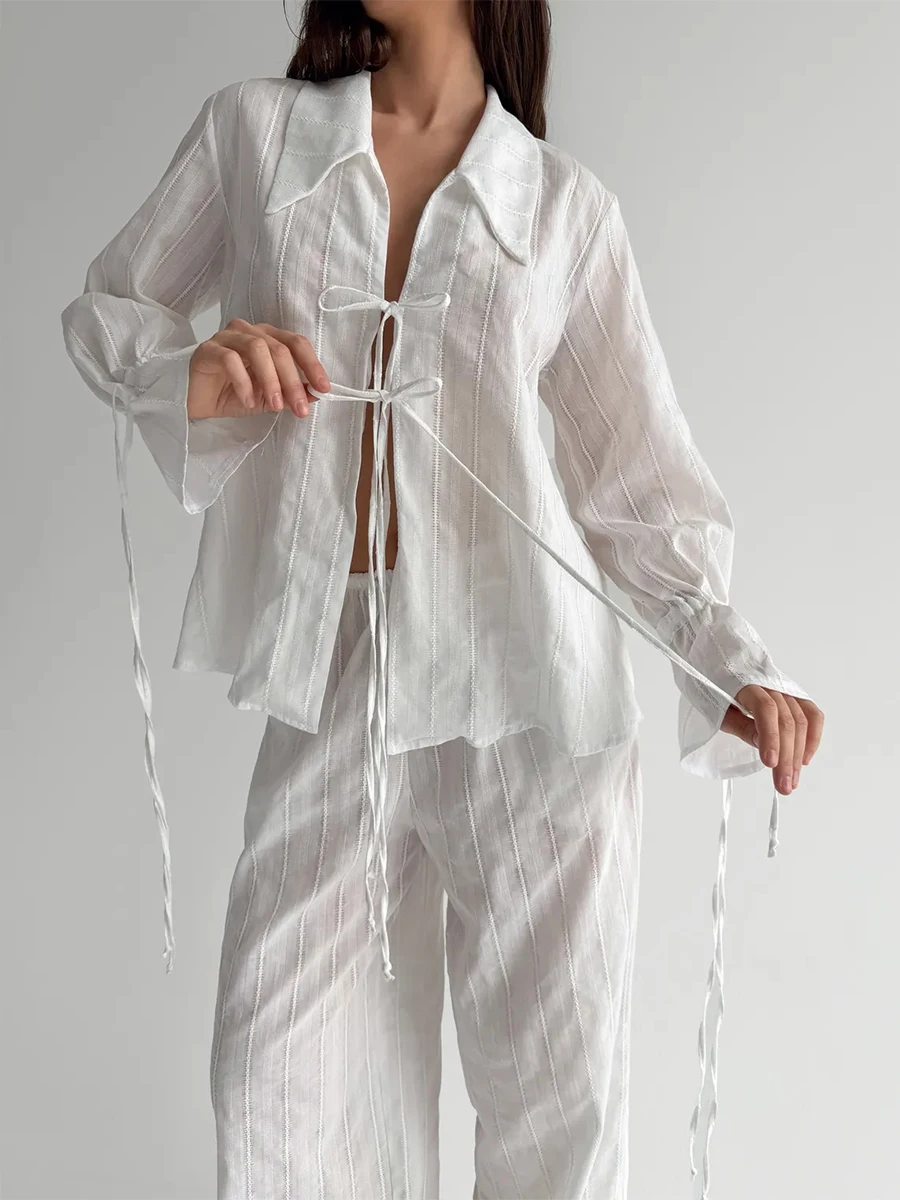 Blubelle Women's Textured Striped Two-piece Long Sleeved Shirt and Pants Matching Set Suitable for Casual Daily Wear in Summer