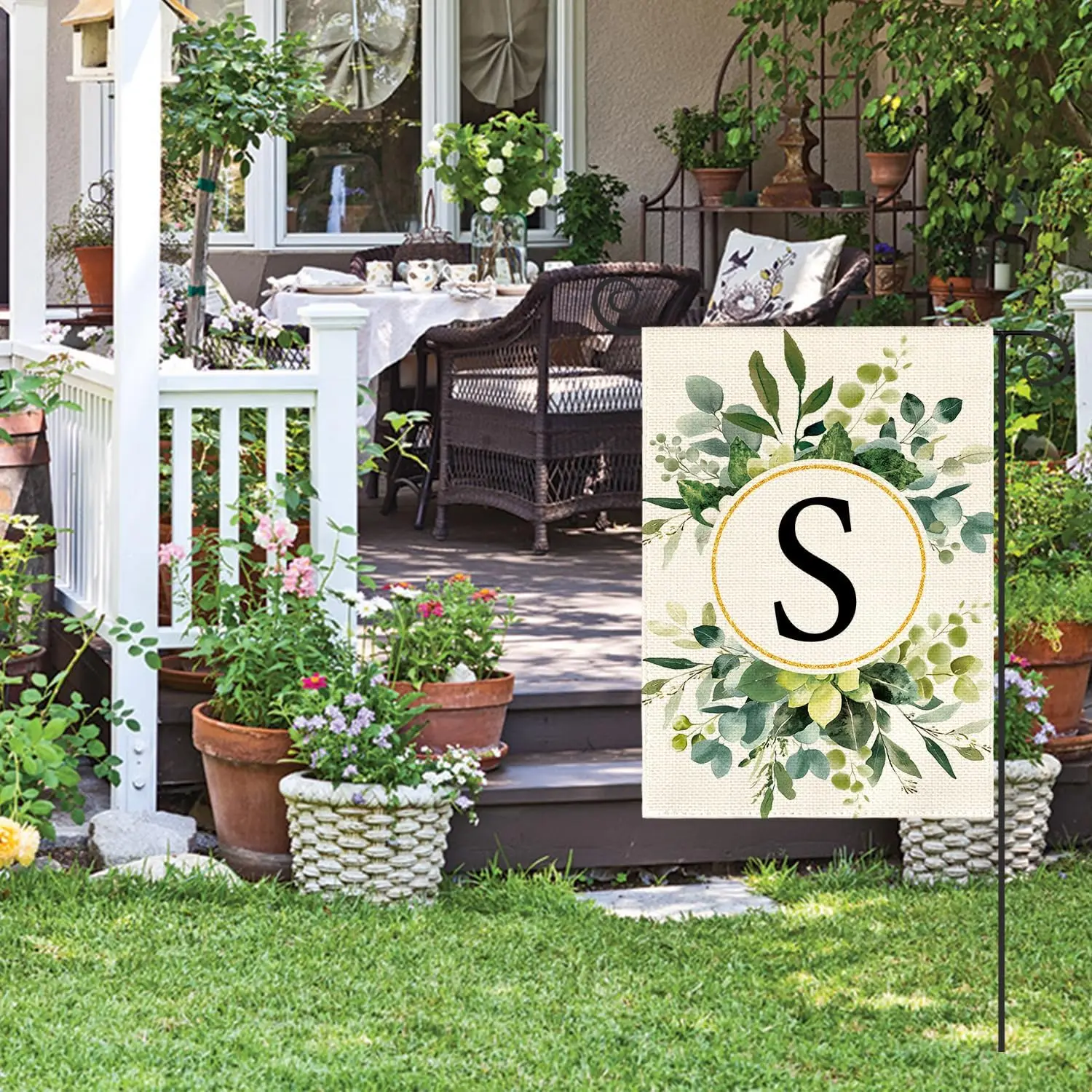 AVOIN colorlife Monogram Letter S Floral Garden Flag 12x18 Inch Double Sided Outside, Family Last Name Initial Yard Outdoor  llz