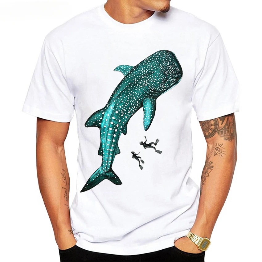 Whale Shark and Divers T-Shirt Diving with Sharks Memory Gift Men Summer Beach TShirt Funny White Casual Tees Hip Hop Tops