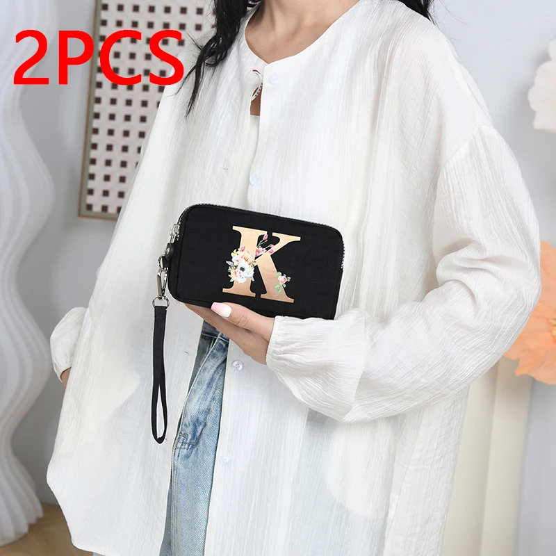 2 Pcs Pure Color Triple Zipper Ladies Cell Phone Bag Fashion Letter Printed Handbag Waterproof Tote Multi-Layer Pocket Wallet Wo