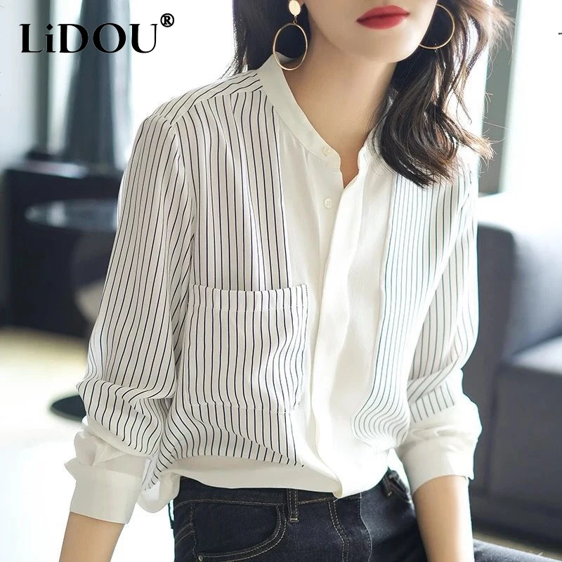 

Spring Summer Elegant Fashion Stand Collar Striped Patchwork Long Sleeve Shirt Women Loose Casual Buttons All-match Blouse Top