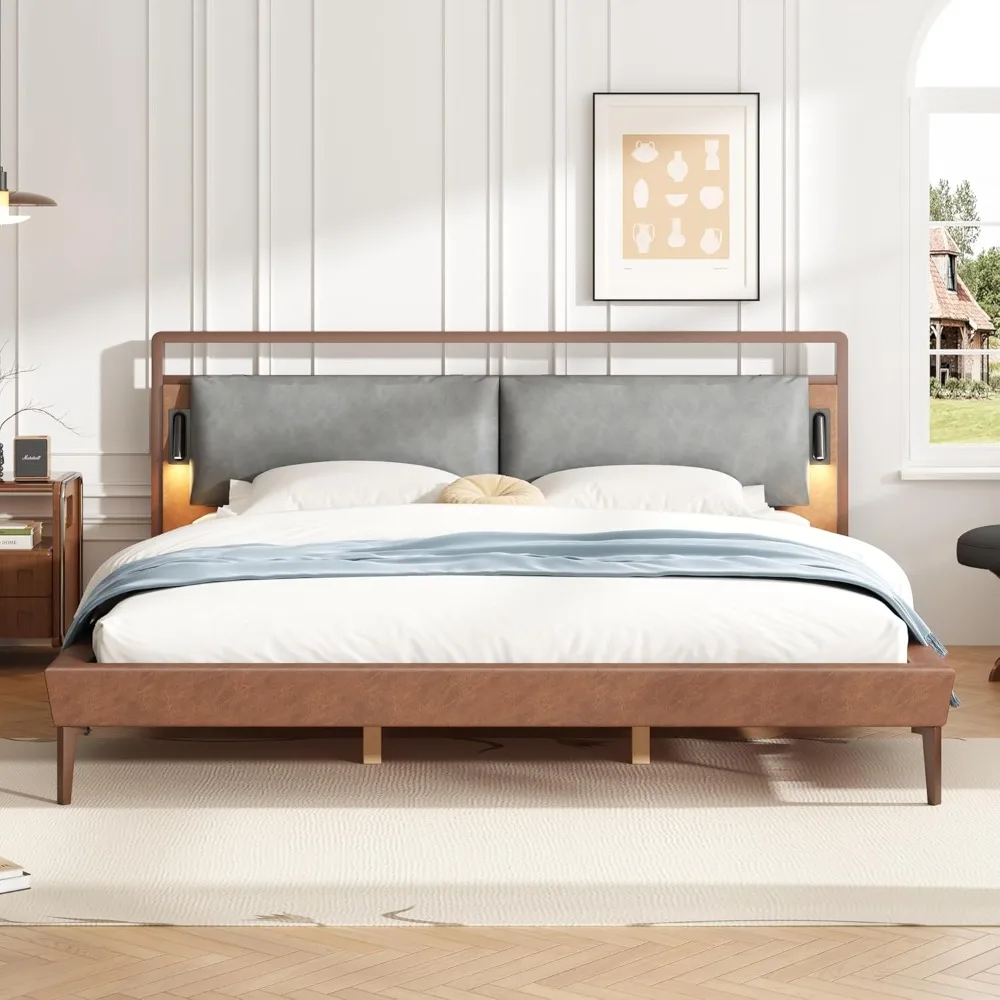 

Solis King Size Bed, Faux Leather Headboard, Upholstered Queen Headboard, Slats Panel Support Platform, No Spring Box Needed, W