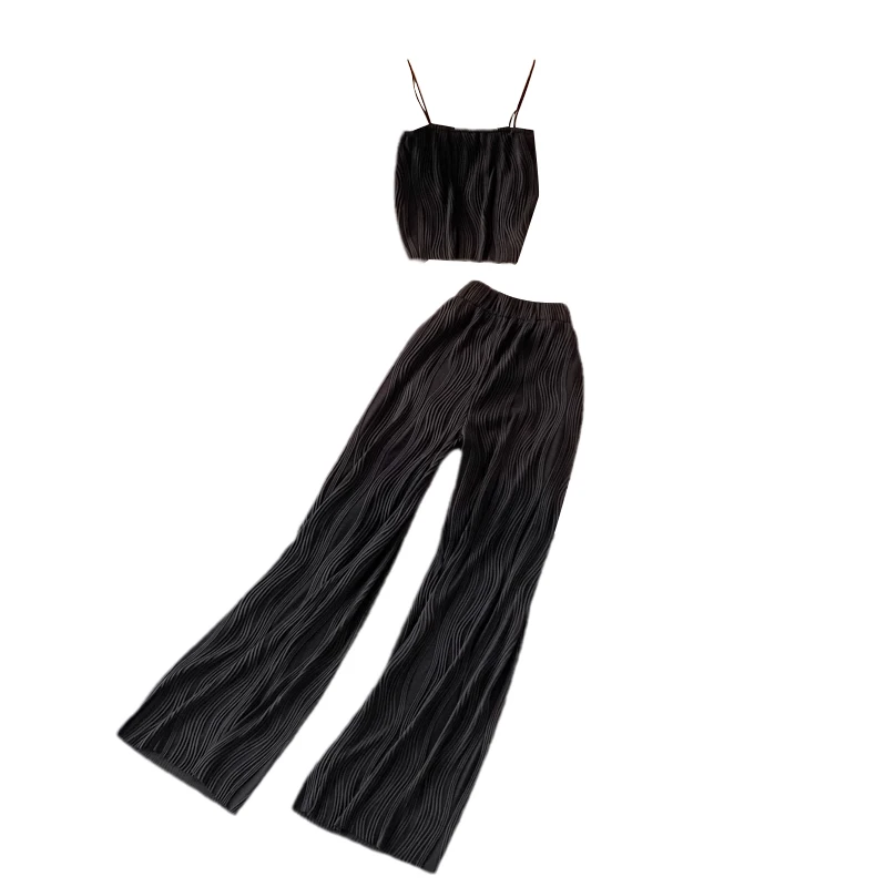 

Повседневный комплект с широкими брюками с высокой талией, женский комплект из двух предметов прямого кроя, модный топ, бот-комплект, полиэфирная ткань