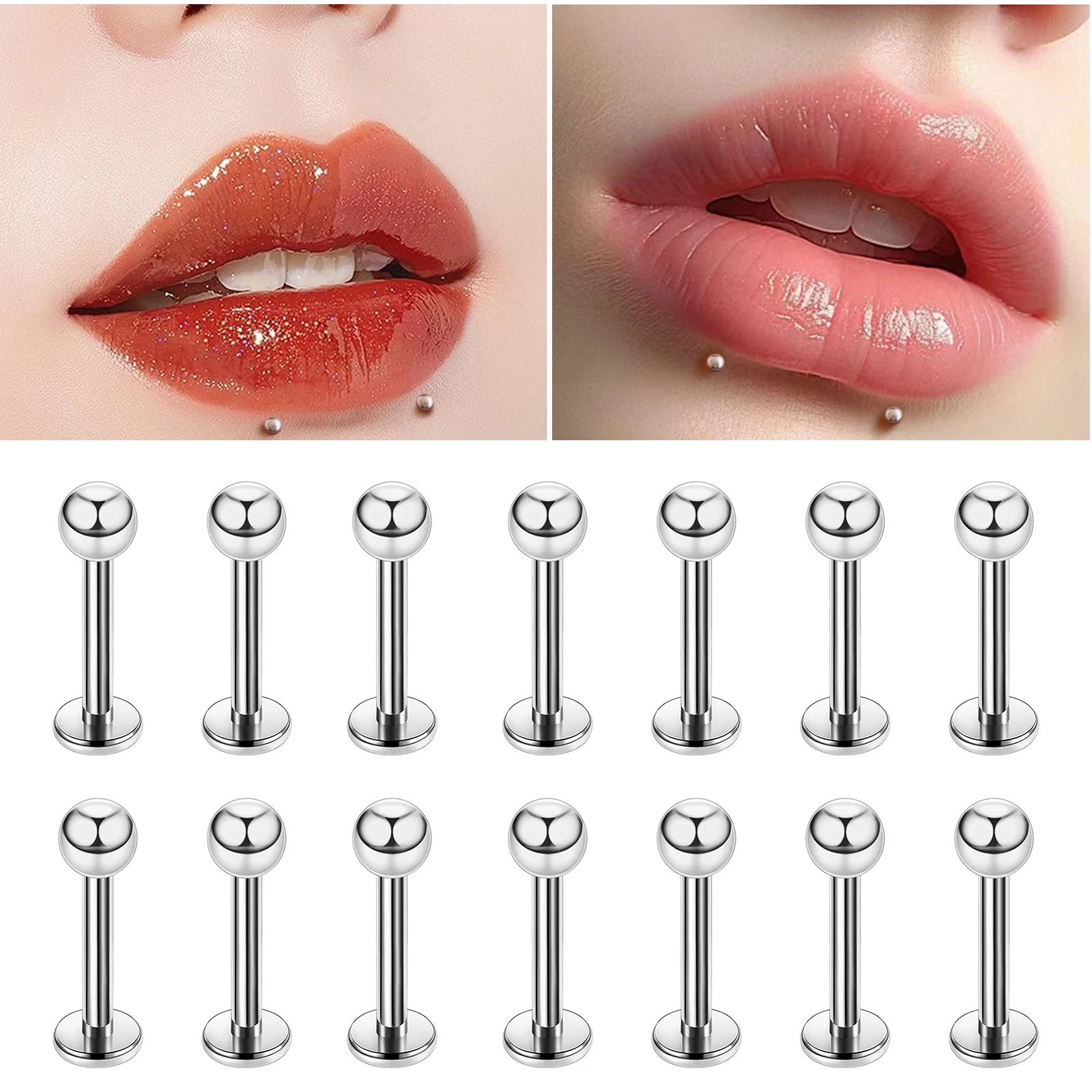 16G 15pcs Stainless Steel Lip/Ear Rings - 6/8/10/12mm Ball & Cone Studs, Body Piercing Jewelry Set for Men & Women