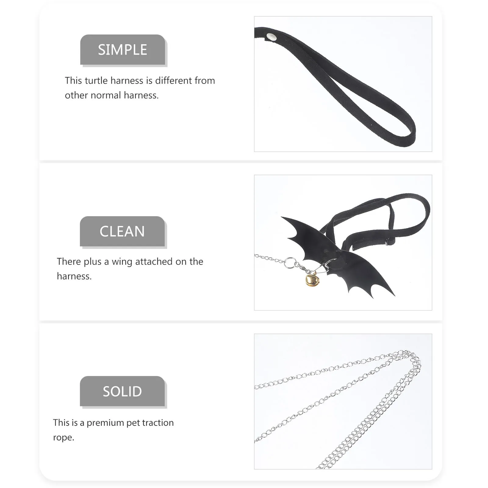 مقود حزام السلحفاة مع تصميم جناح، حبل قابل للتعديل للمشي في الهواء الطلق والزواحف، مقاس M أسود مريح