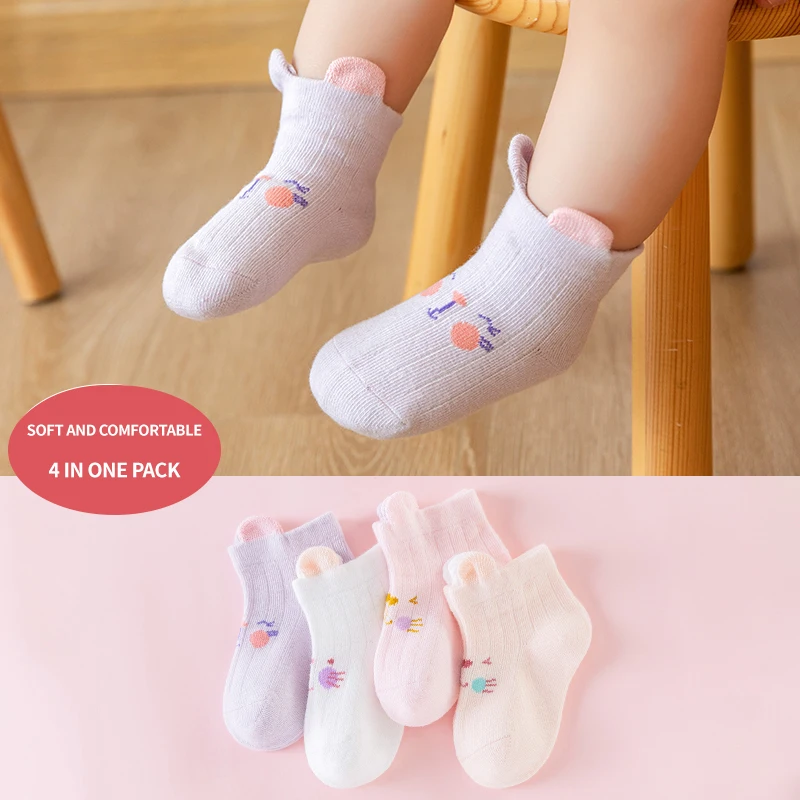 4 pares de calcetines tobilleros para bebés recién nacidos de 0 a 3 años con dibujos de gatos, gatitos y osos, calcetines transpirables de algodón suave para bebés y niñas