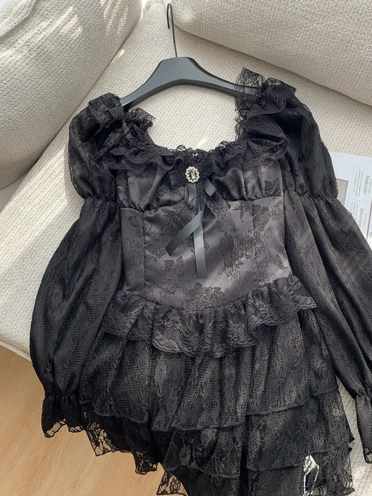 Women Shoujo Girl Long Sleeve Chiffon Dress Mini Frocks Square Collar One-Piece 2000s Gyaru Coquette Dark Academia Gothic Lace