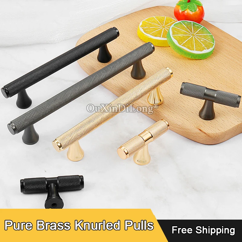 Elegant 4PCS Solid Pure Brass Knurled Furniture Pulls Handle Drawer Knobs Cupboard Wardrobe Kitchen Dresser TV Cabinet Pull Pens