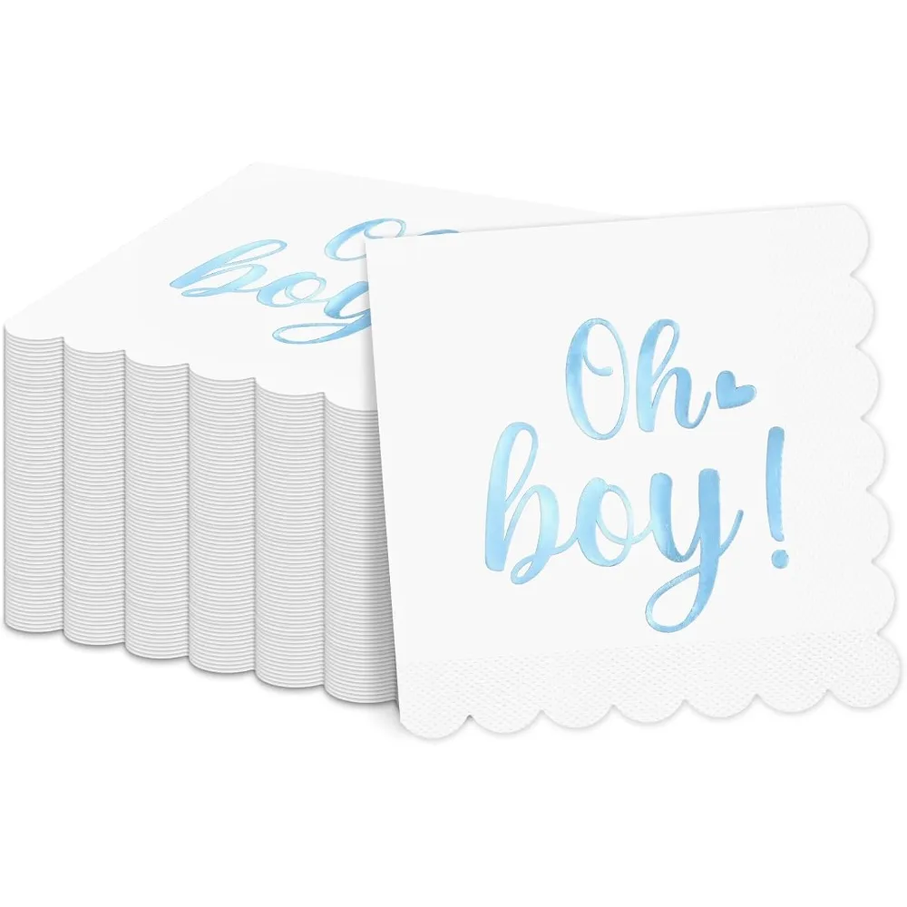 

50Pcs Boy Baby Shower Napkins Blue Scalloped Guest Towel Blue Foil Disposable Hand Napkins For Baby Shower Welcome Party Decorat