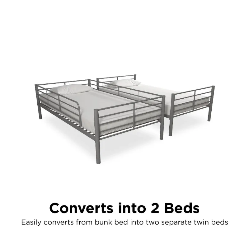 Convertible Twin over Twin Metal Bunk Bed, Silver bedroom furniture  bed frame  twin bed frame