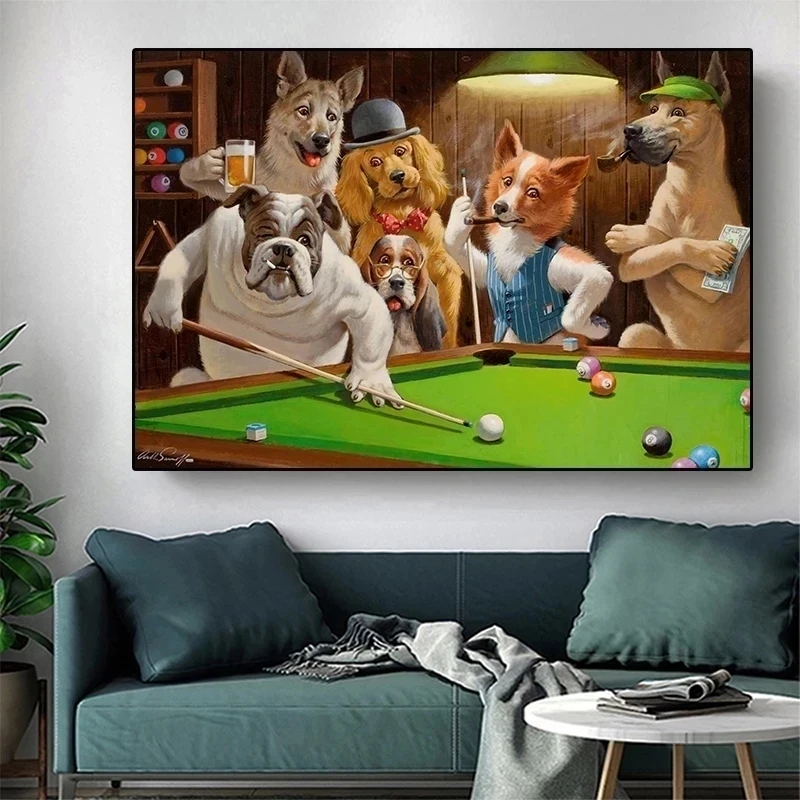 Abstract Funny Animal Dog Playing Poker Playing Billiard Canvas Painting Wall Art Pictures Posters Prints Living Room Home Decor